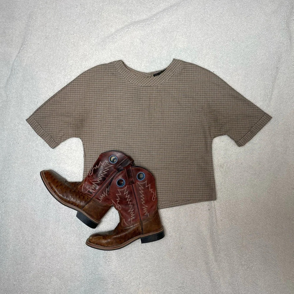 Zara Mini Plaid Beige Pattern Crop T-Shirt - Picture 3 of 8